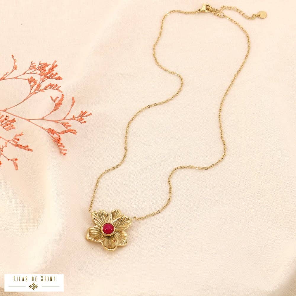 Lotus flower cabochon stone pendant necklace 0123600: Fuchsia