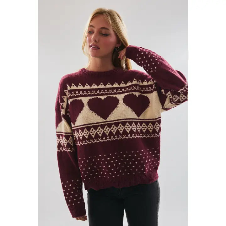 LE LIS - Burgundy Heart Knit Sweater