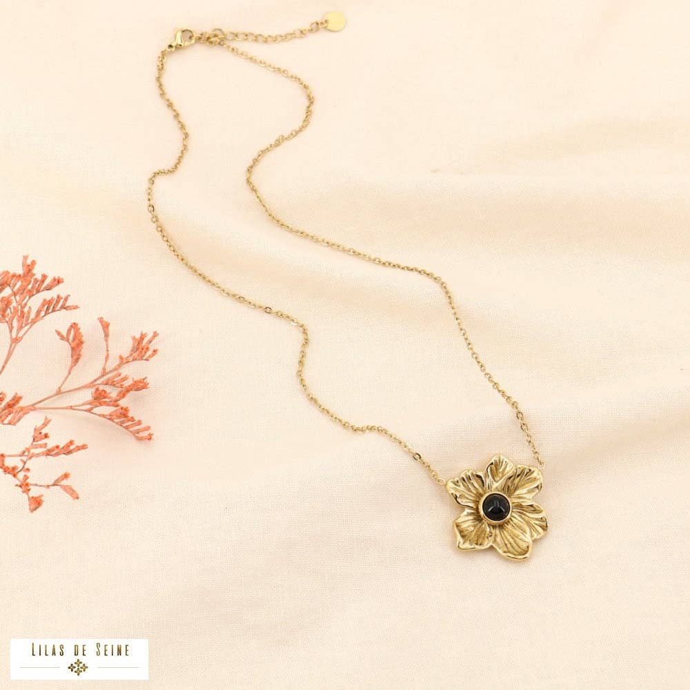 Lotus flower cabochon stone pendant necklace 0123600: Fuchsia