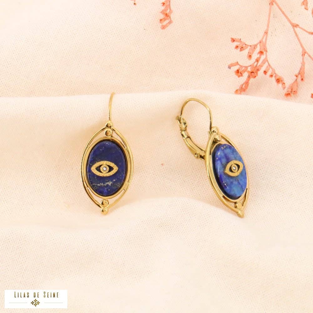Stainless steel earrings. natural stone eye 0324029: Dark blue