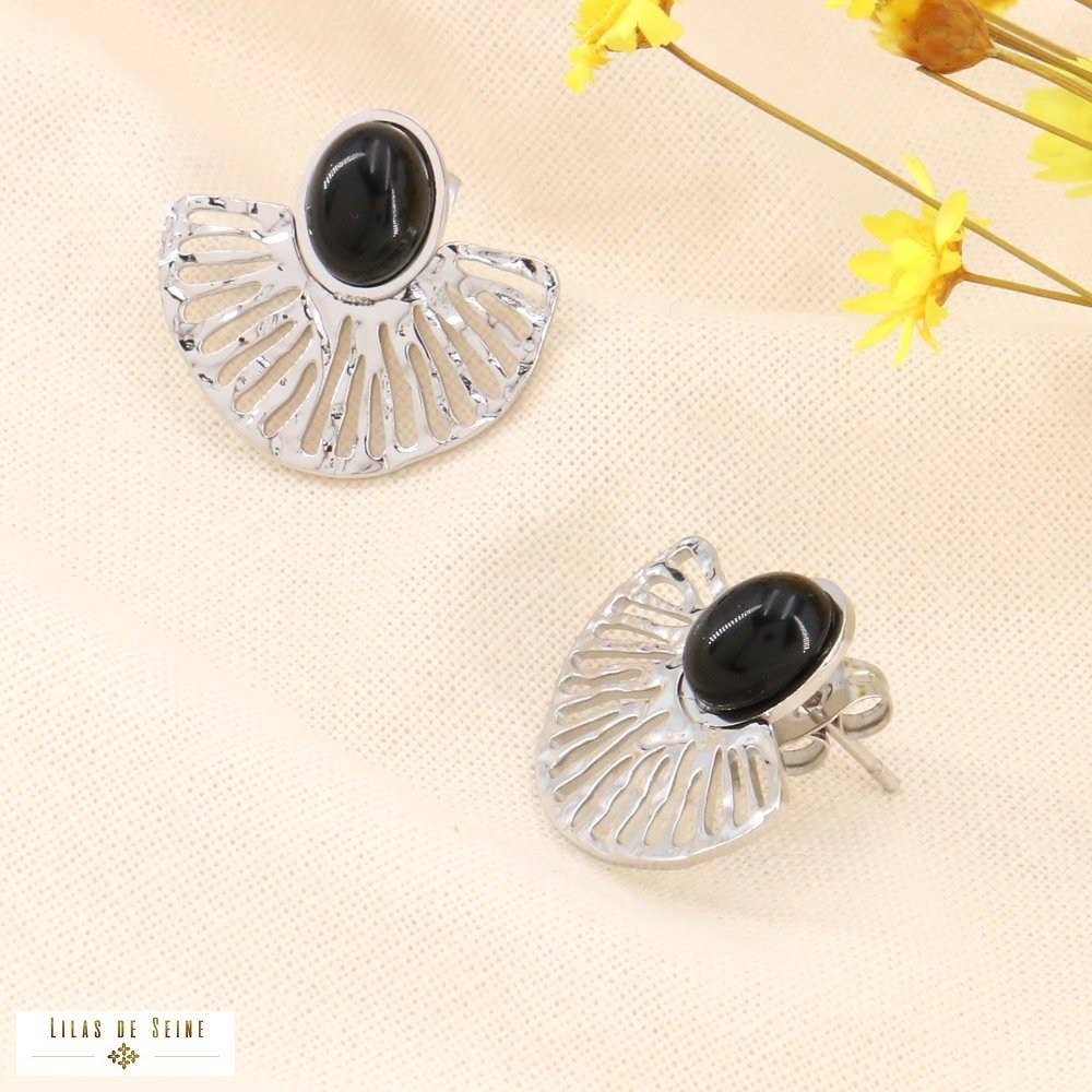 Genuine stone steel fan earrings 0323188: Silvery