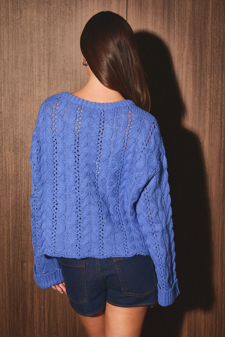 Cable Knit Pointelle Henley Oversized Sweater