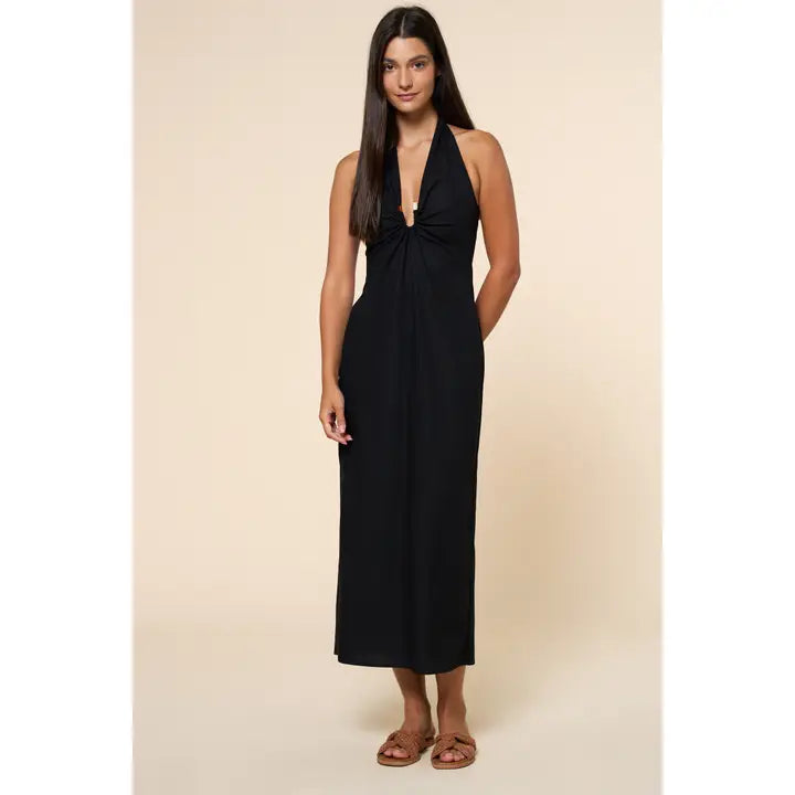 Bead Gathered Plunging Halter Maxi Dress