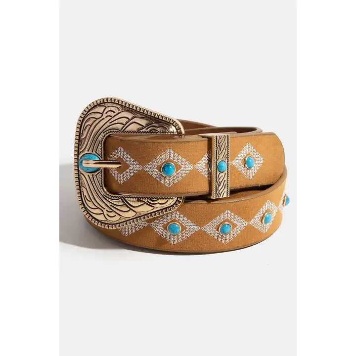 Turquoise Studs Concho Buckle Vegan Leather Belt