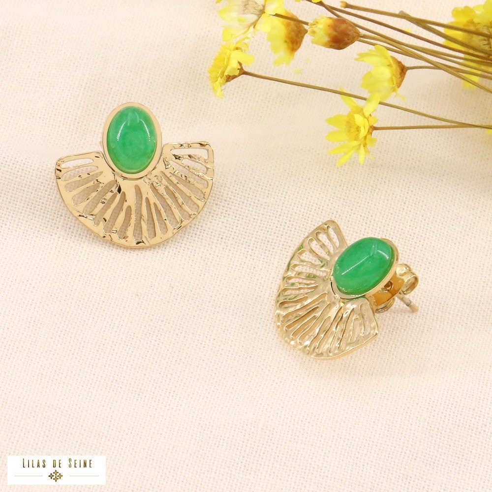Genuine stone steel fan earrings 0323188: Silvery