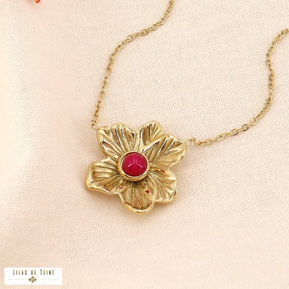 Lotus flower cabochon stone pendant necklace 0123600: Fuchsia