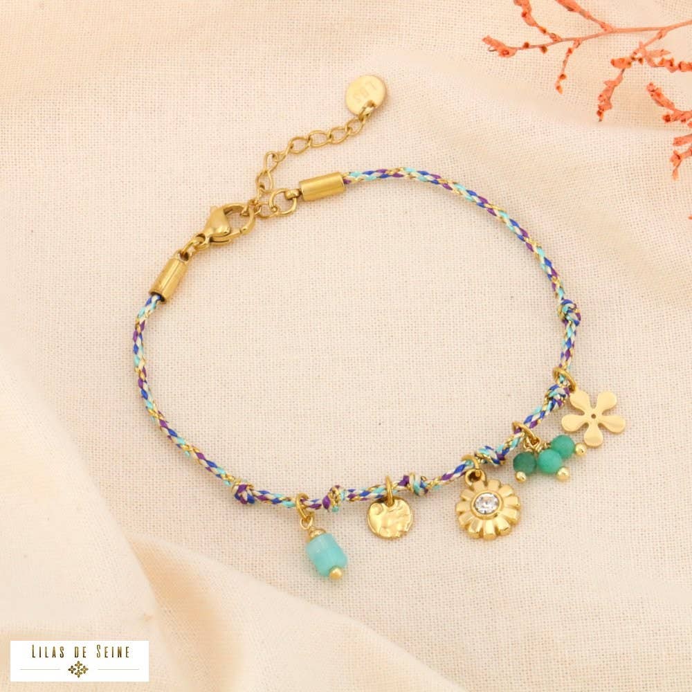 Colourful woven cord bracelet with flower tassels in steel 0224071: Turquoise blue