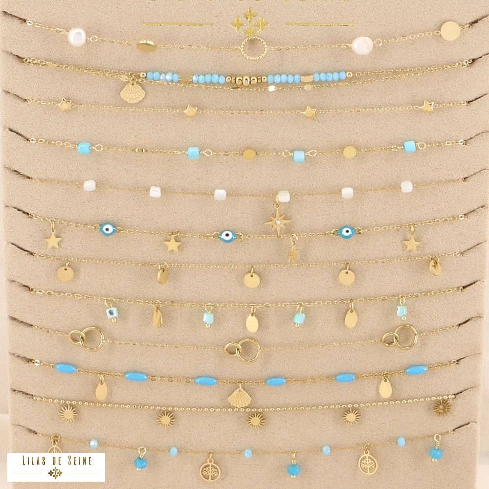 Display of 12 shell steel anklets 0223179: Multi