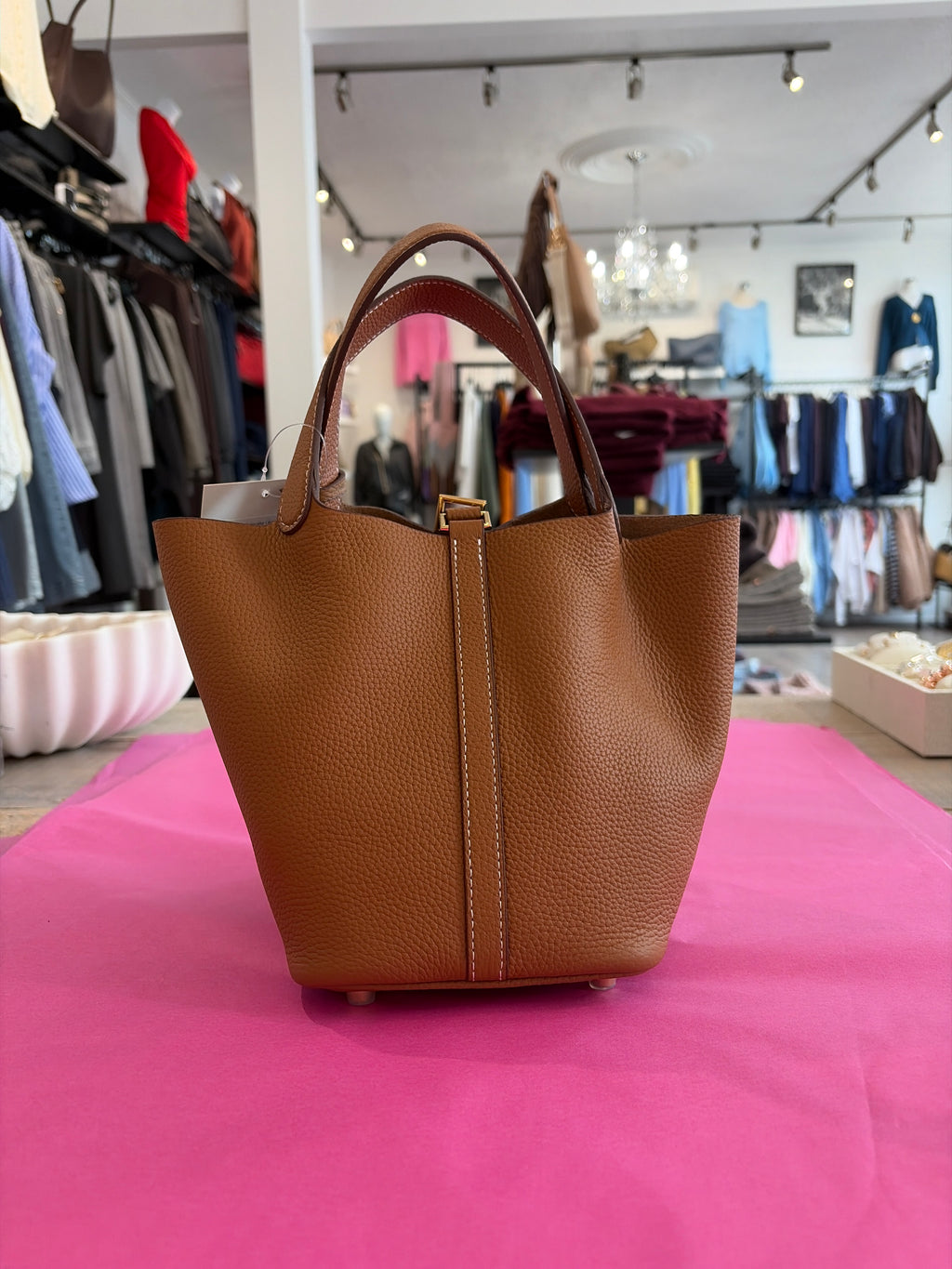 INZI Tan Genuine Leather Bucket Bag