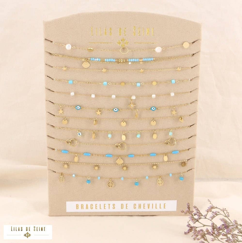 Display of 12 shell steel anklets 0223179: Multi