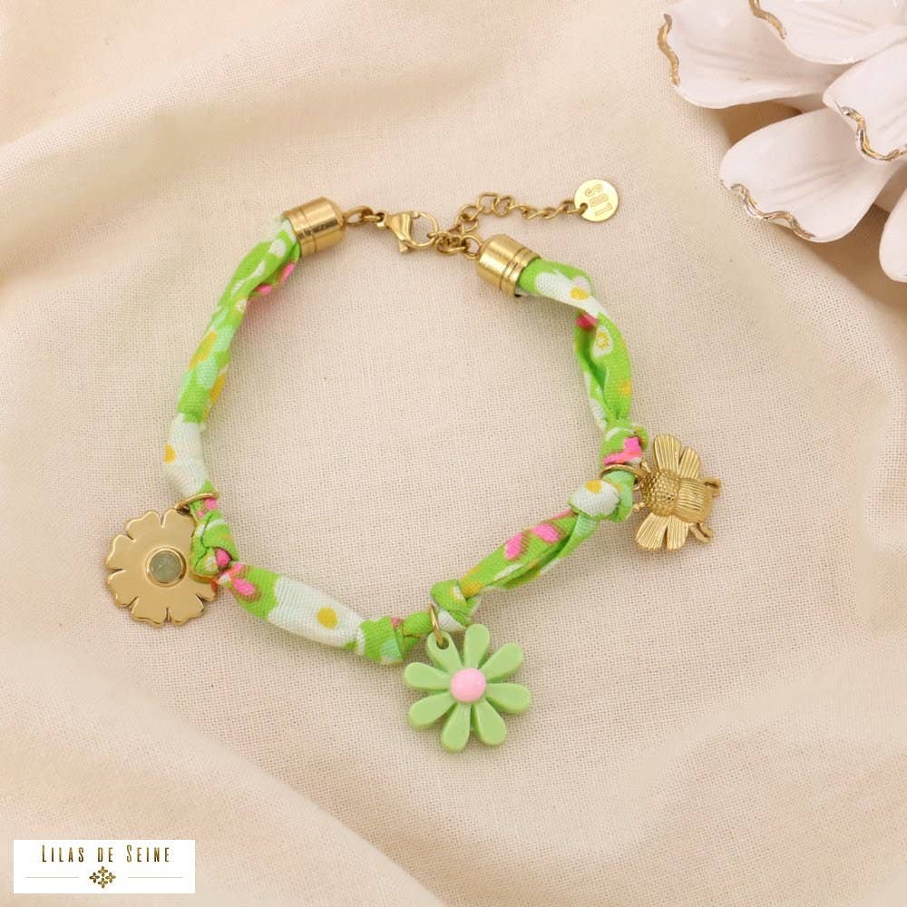 Floral fabric steel bracelet with charms knotted 0225054: Pink