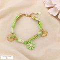Floral fabric steel bracelet with charms knotted 0225054: Green