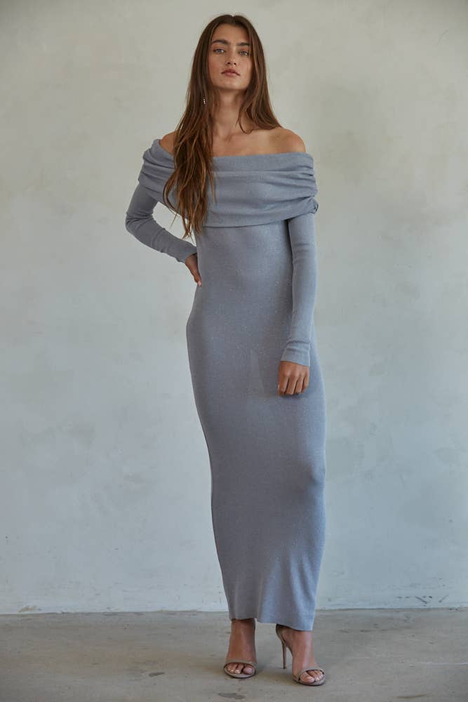 Off Shoulder Maxi Dress Silver