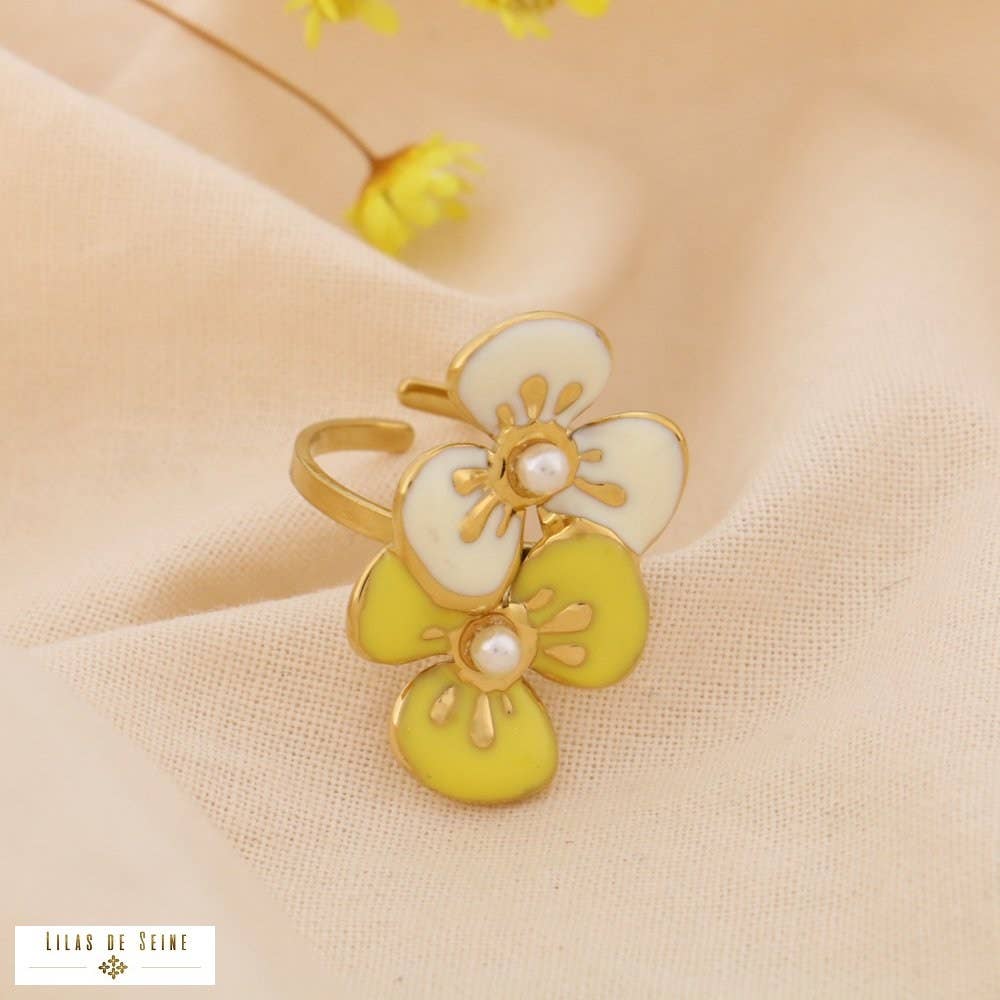 Stainless Steel Ring Duo of Enamel Flowers 0425001: Pink