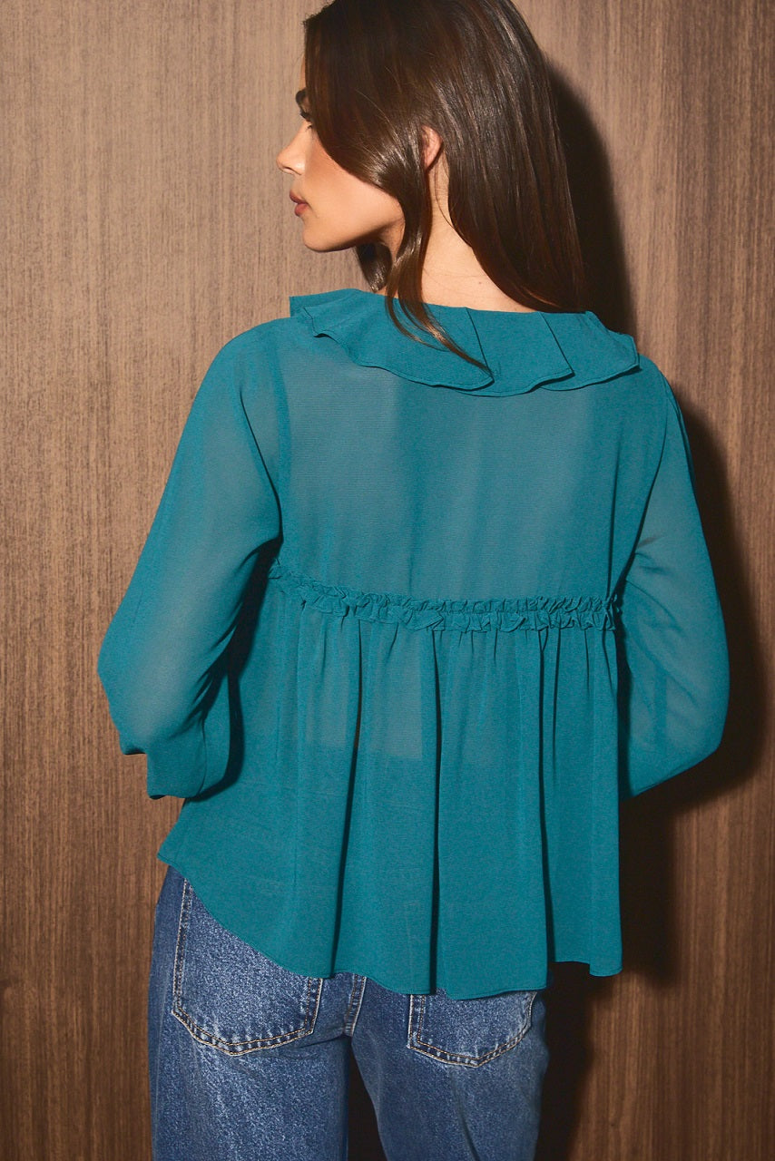 LE LIS - Teal Chiffon Ruffle Boho Blouse