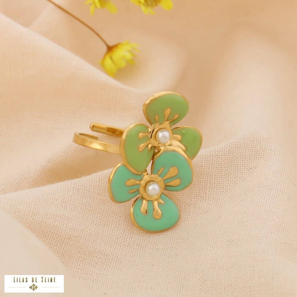 Stainless Steel Ring Duo of Enamel Flowers 0425001: Pink