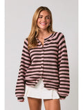 Raglan Striped Crew Neck Button Down Cardigan