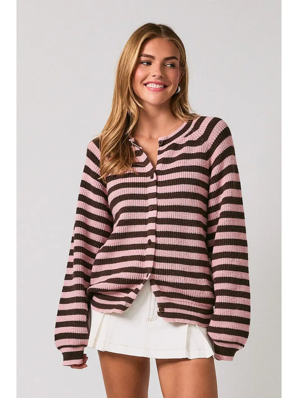 Raglan Striped Crew Neck Button Down Cardigan