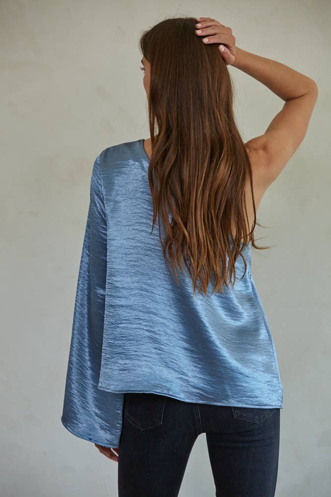 One Shoulder Long Sleeve Top: Blue Teal
