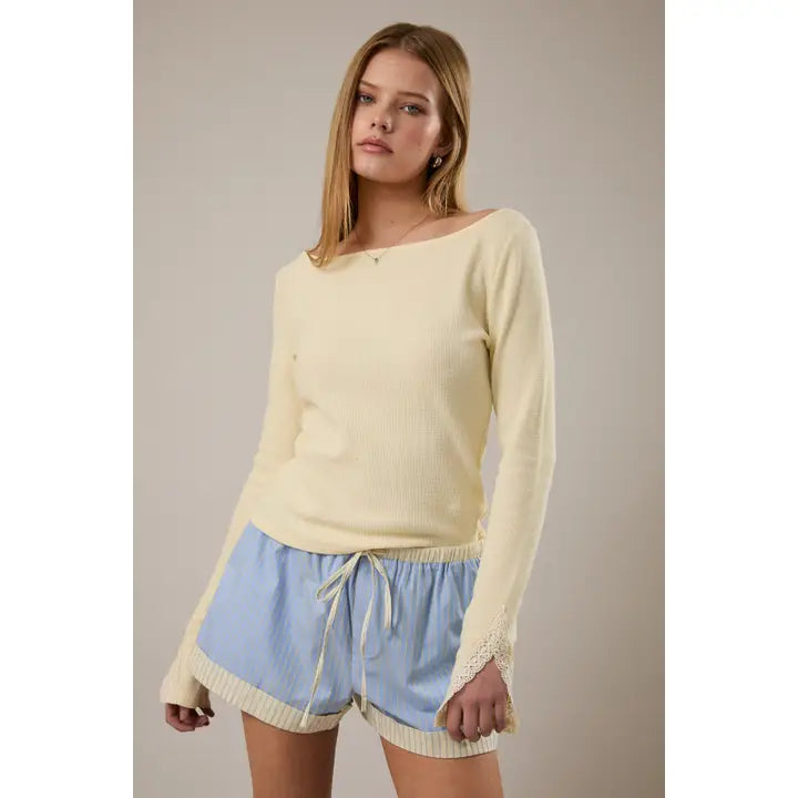Long Sleeve Lace Trim Top - Butter