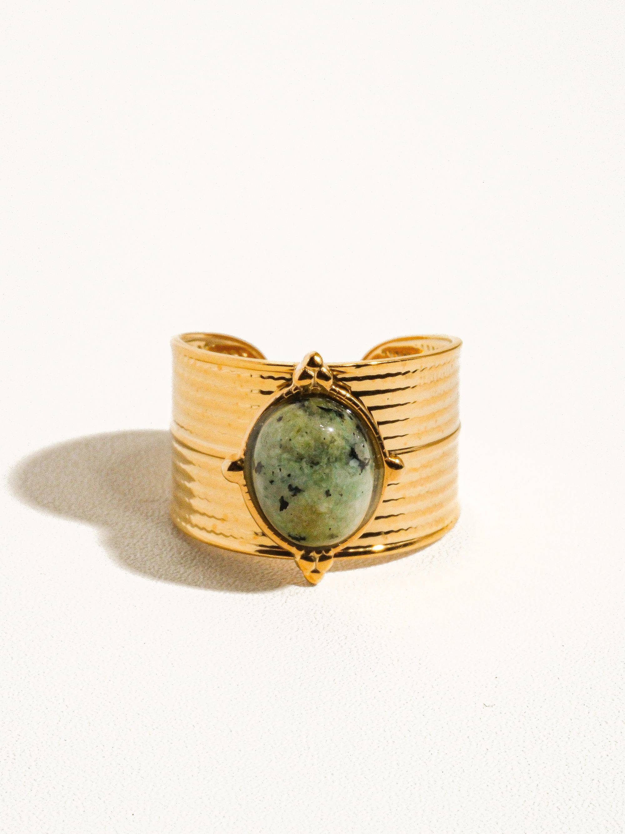Oasis 18K Gold Non-Tarnish Stone Bold Adjustable Ring: Green