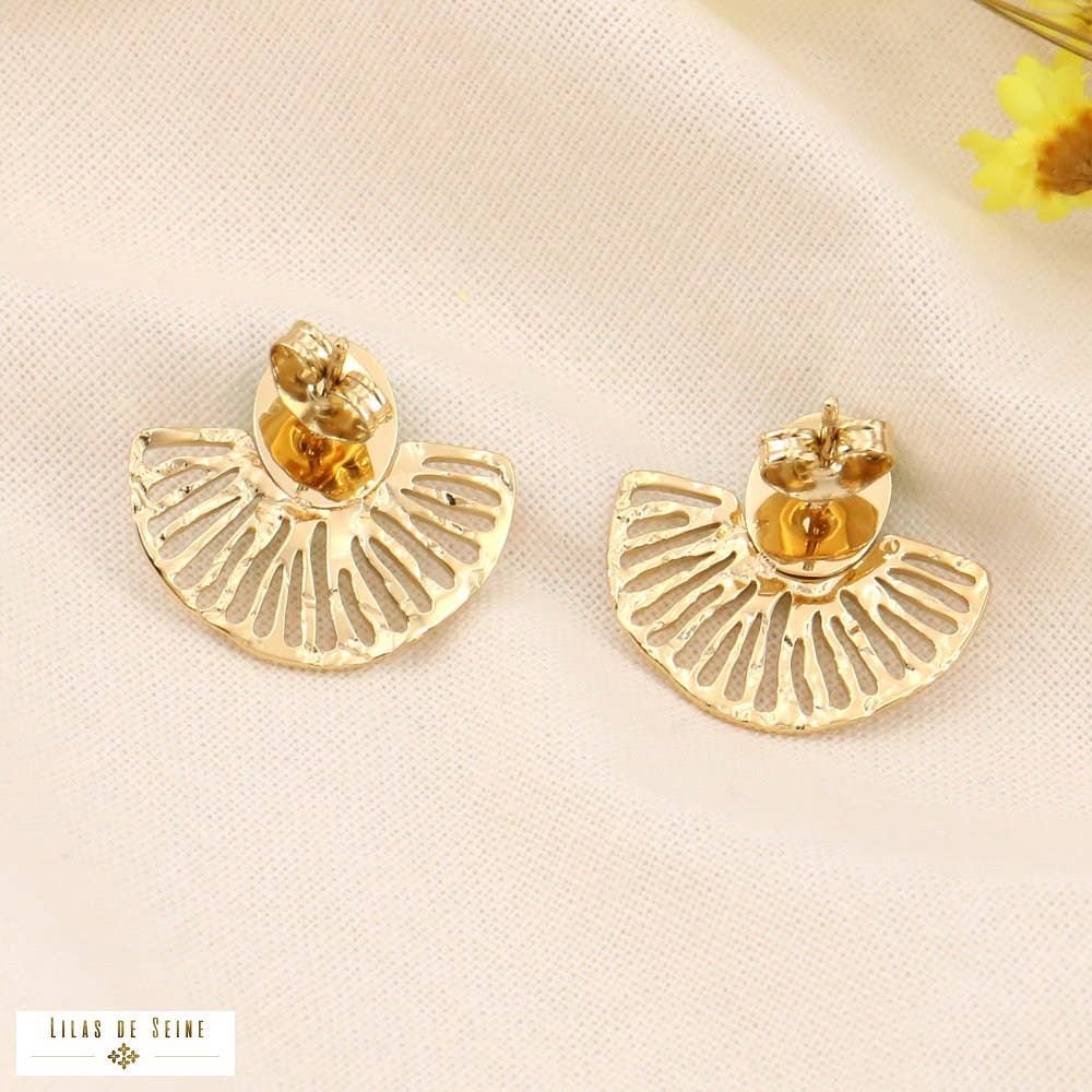 Genuine stone steel fan earrings 0323188: Silvery