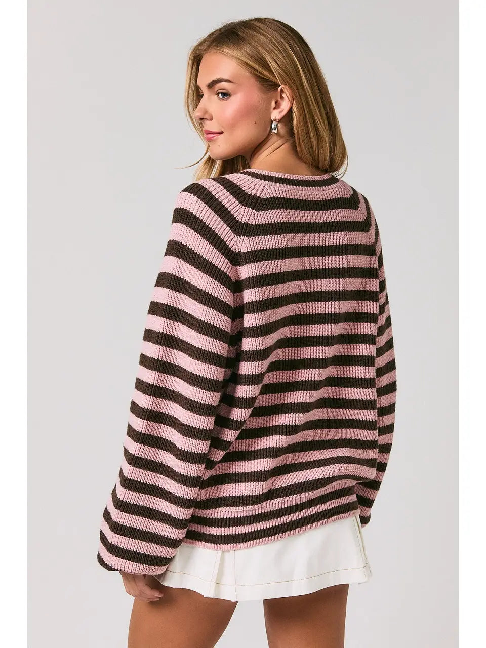 Raglan Striped Crew Neck Button Down Cardigan