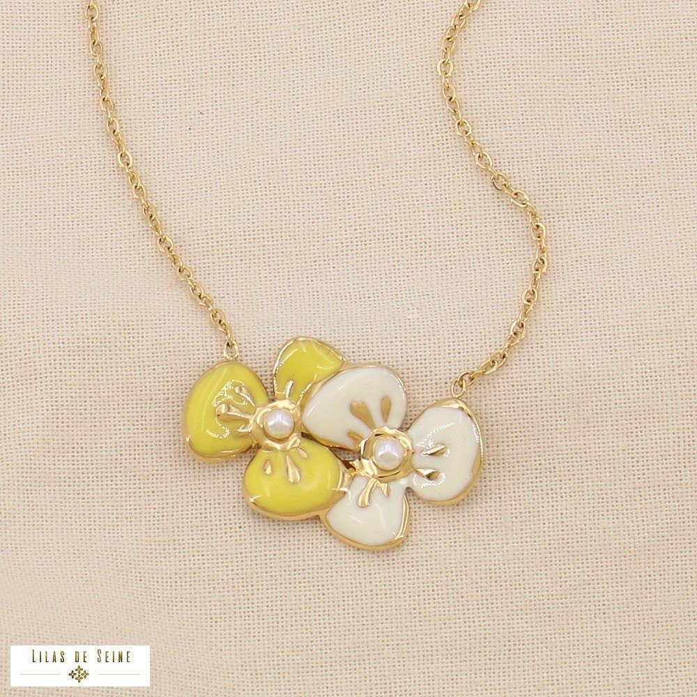 Steel Necklace Duo of Flowers Enamel Pendant 0125032: Yellow