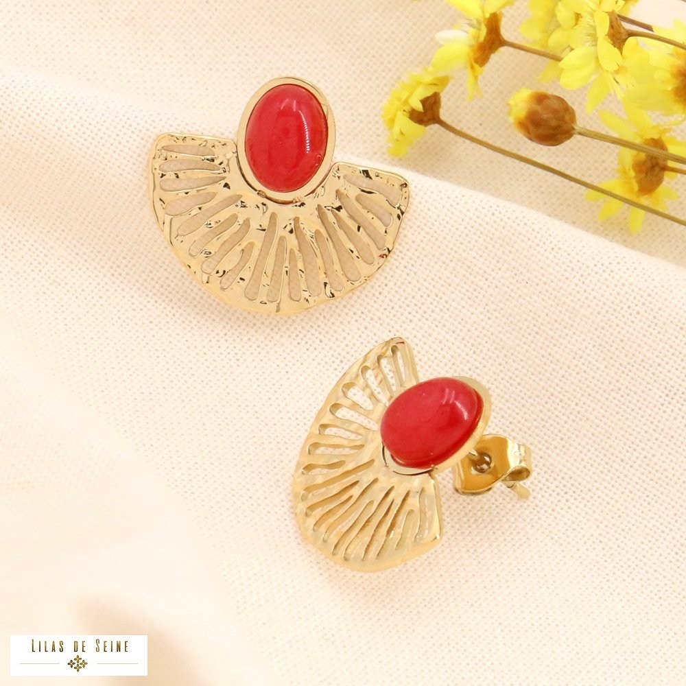 Genuine stone steel fan earrings 0323188: Silvery