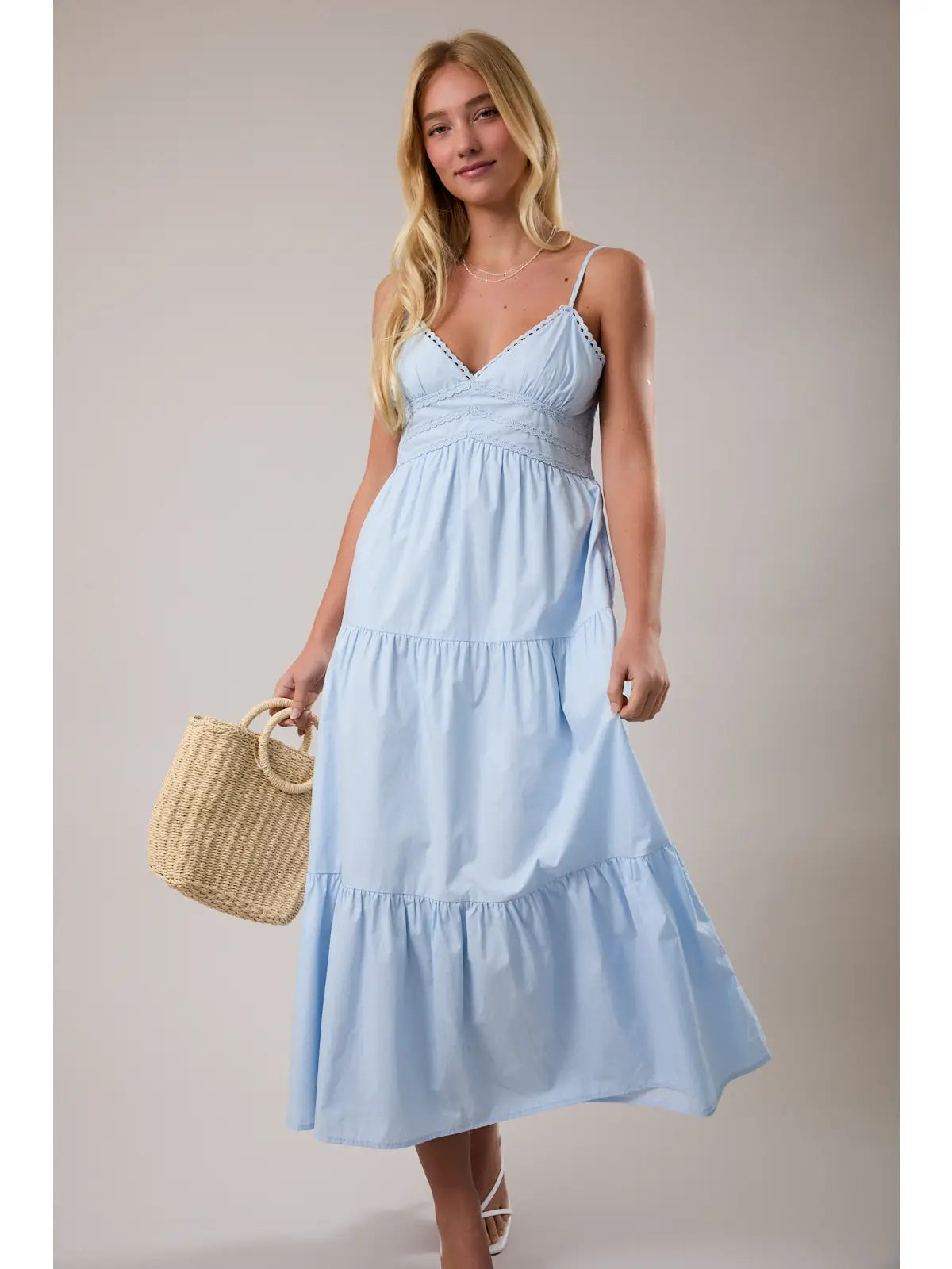 Midi Polplin Dress with Trim Detail Blue