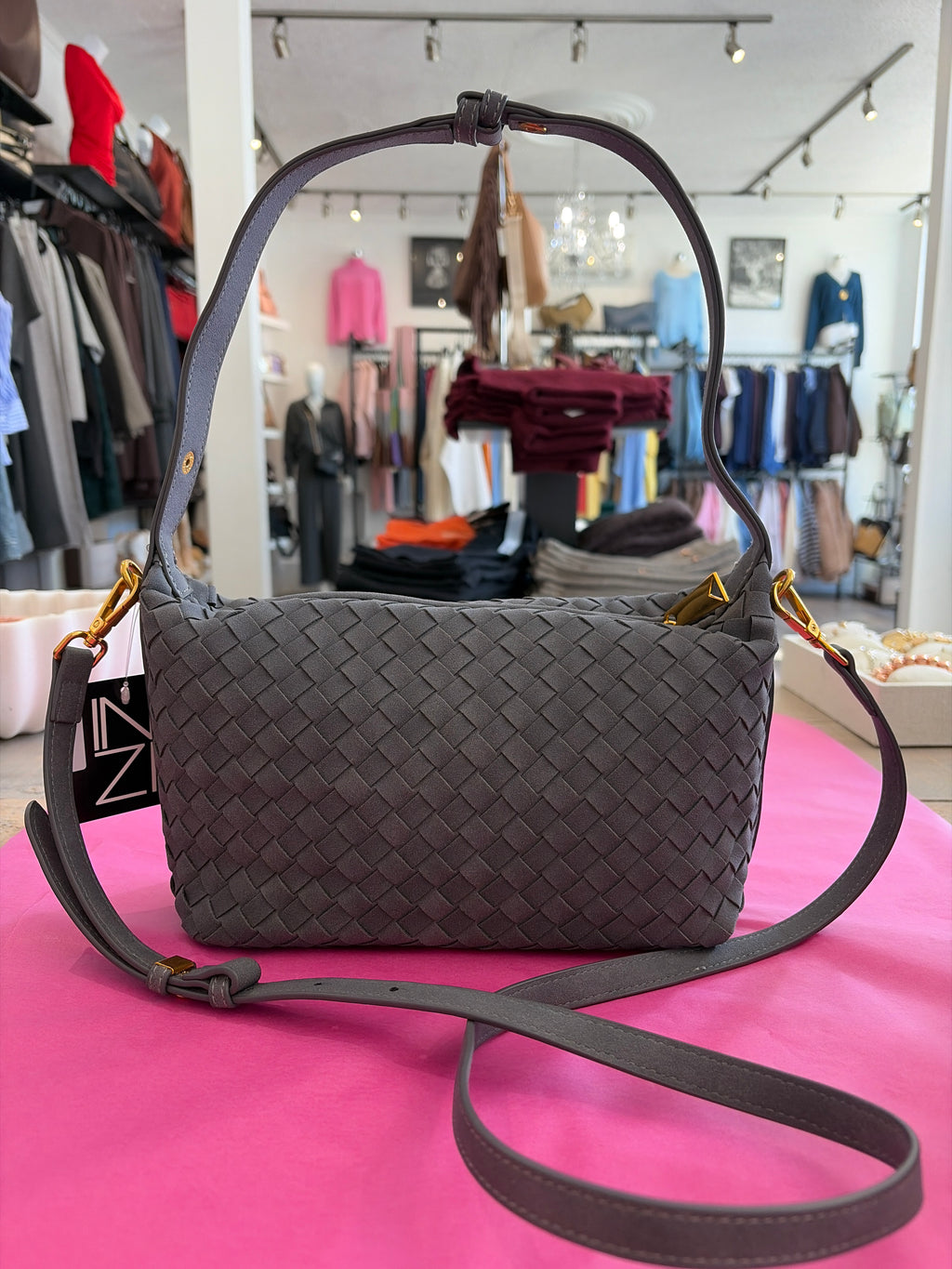 Inzi Faux Suede Woven Crossbody Grey