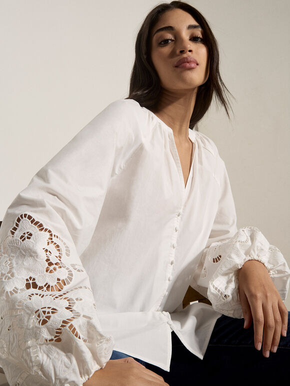 Apricot Embroidered Sleeve Blouse White