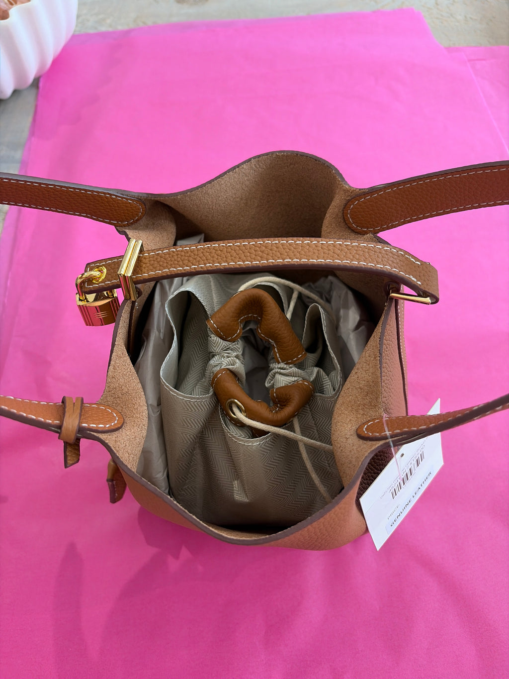 INZI Tan Genuine Leather Bucket Bag