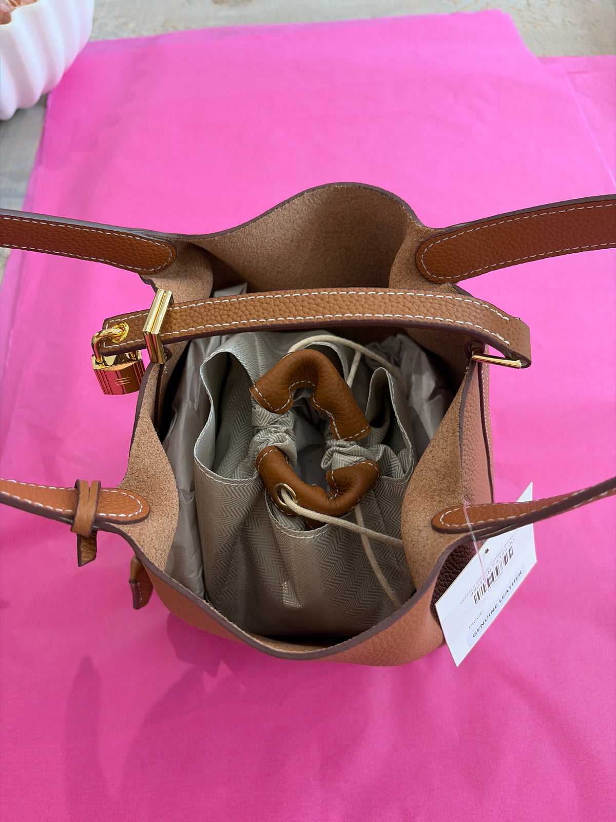 INZI Tan Genuine Leather Bucket Bag