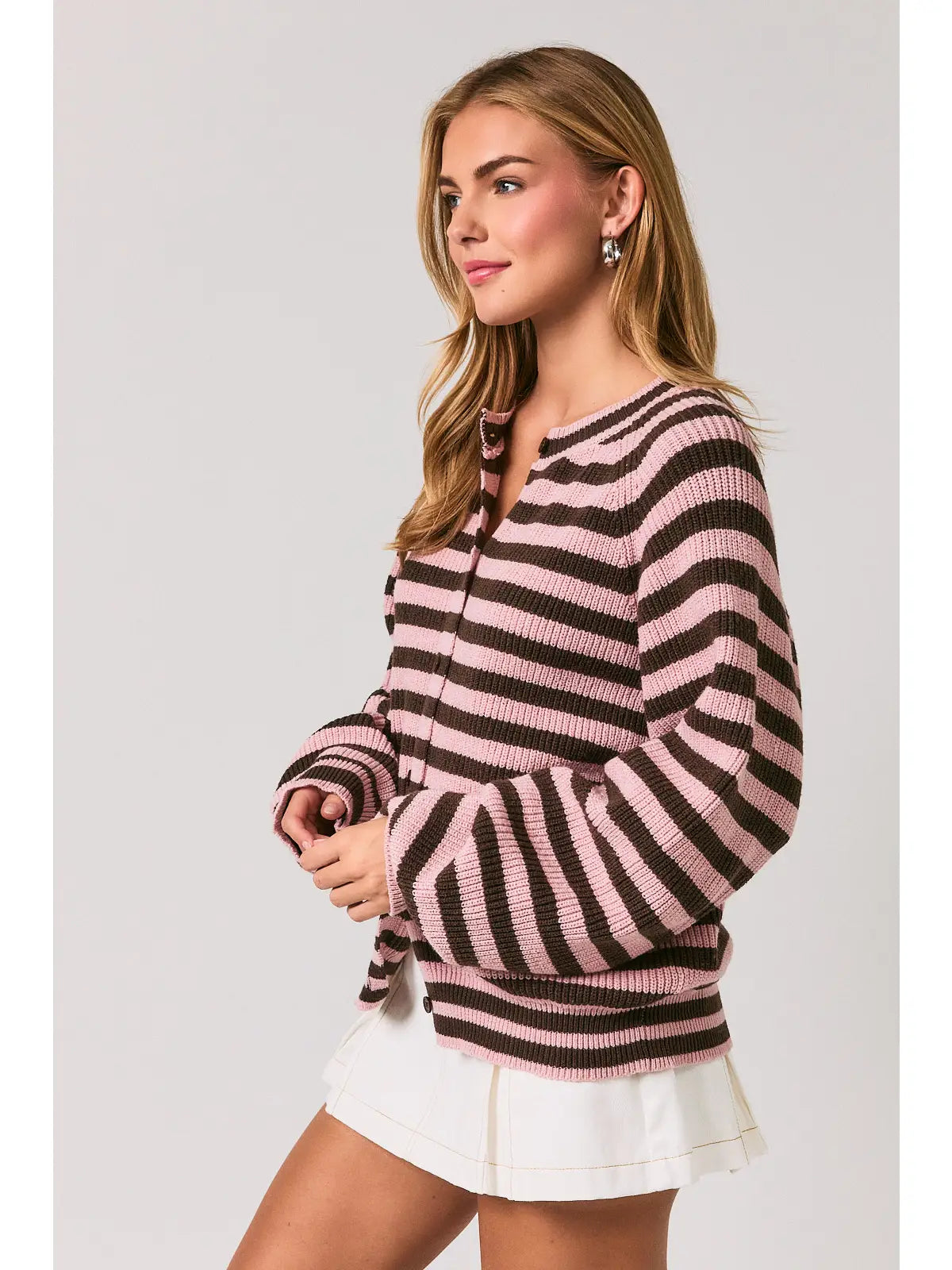 Raglan Striped Crew Neck Button Down Cardigan