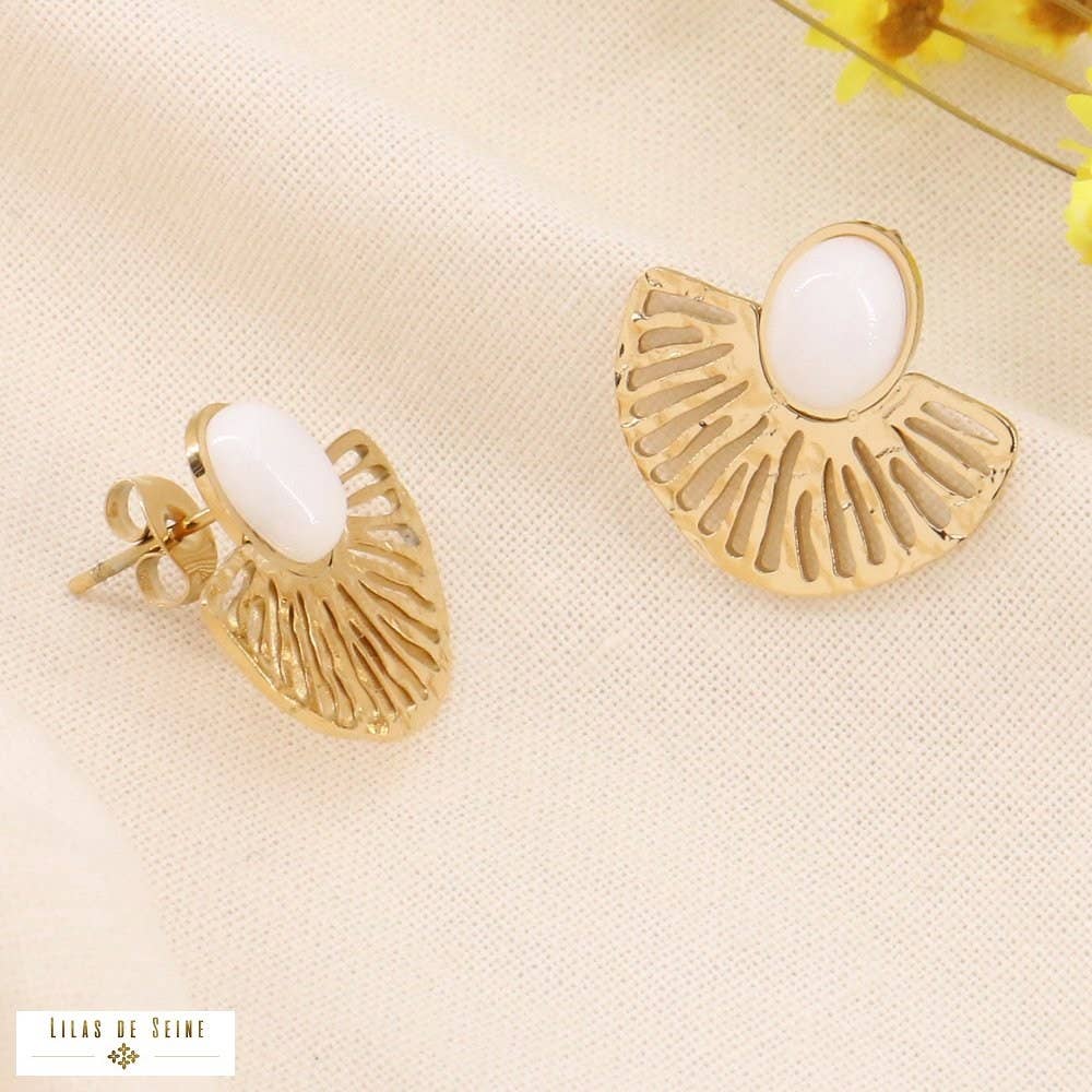 Genuine stone steel fan earrings 0323188: Silvery