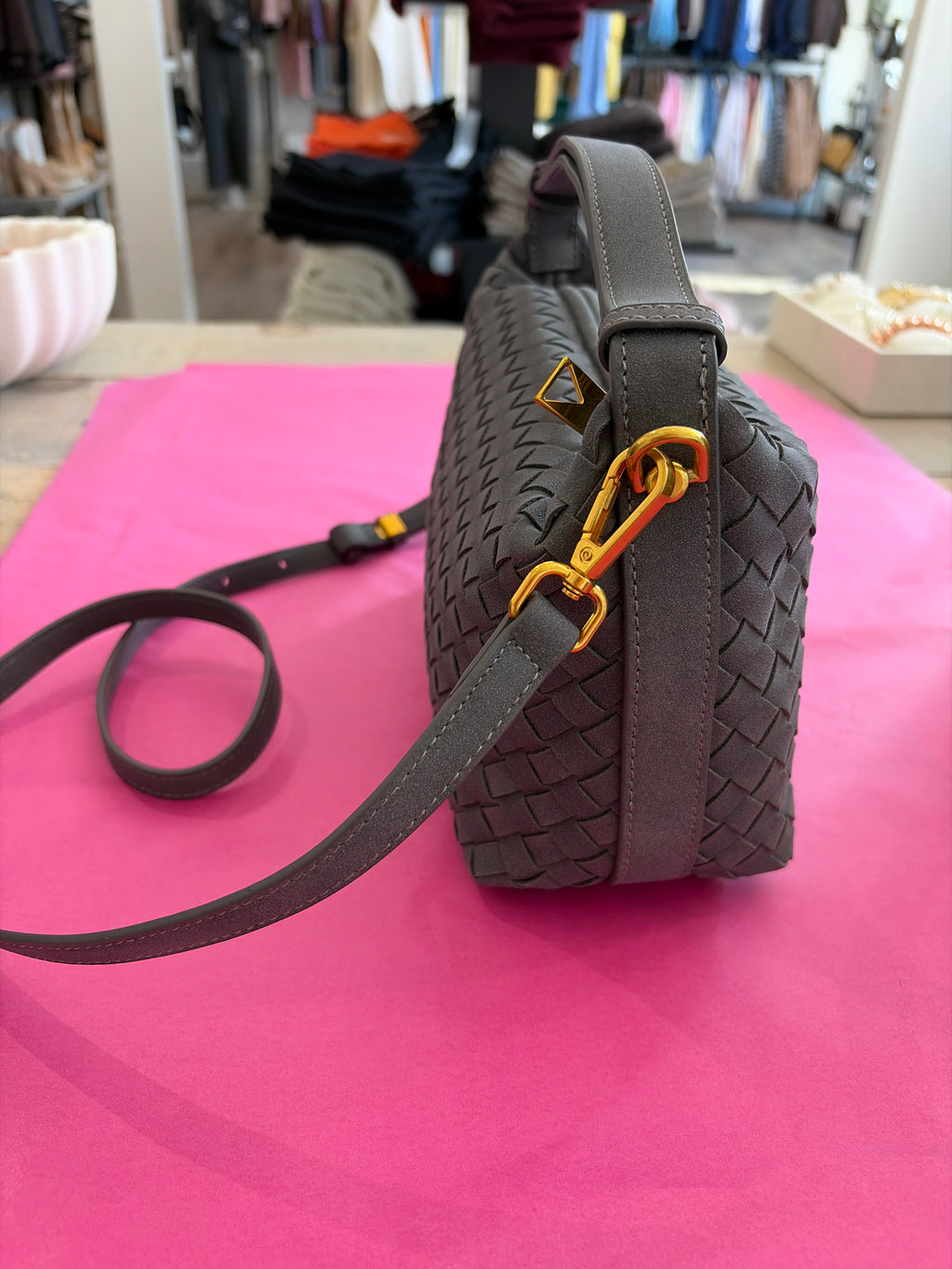 Inzi Faux Suede Woven Crossbody Grey