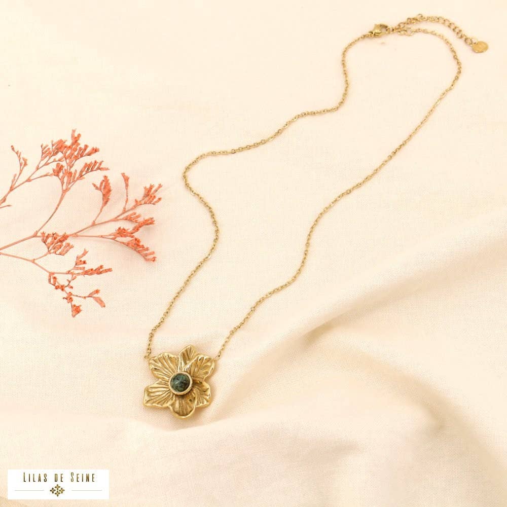 Lotus flower cabochon stone pendant necklace 0123600: Fuchsia