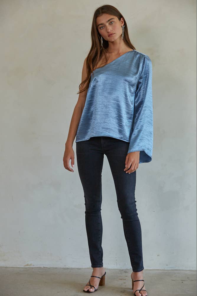 One Shoulder Long Sleeve Top: Blue Teal
