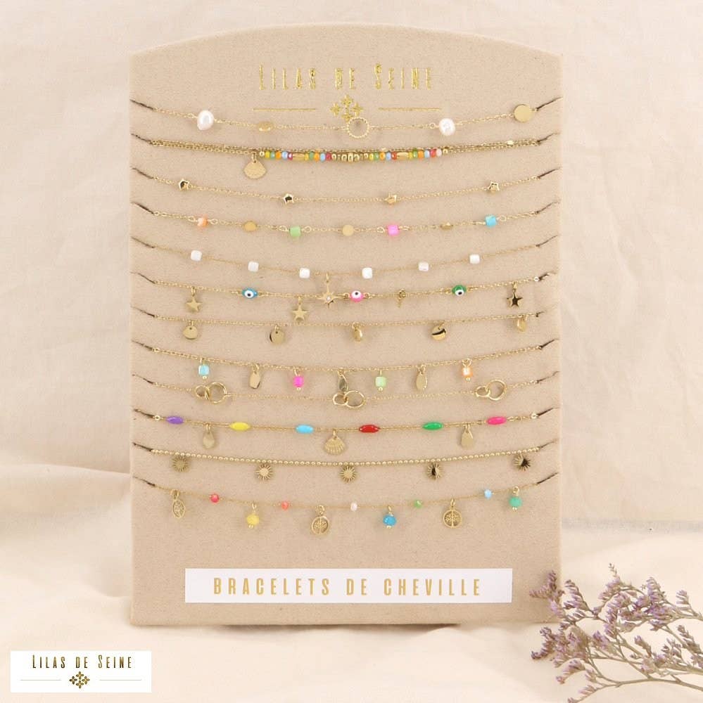 Display of 12 shell steel anklets 0223179: Multi