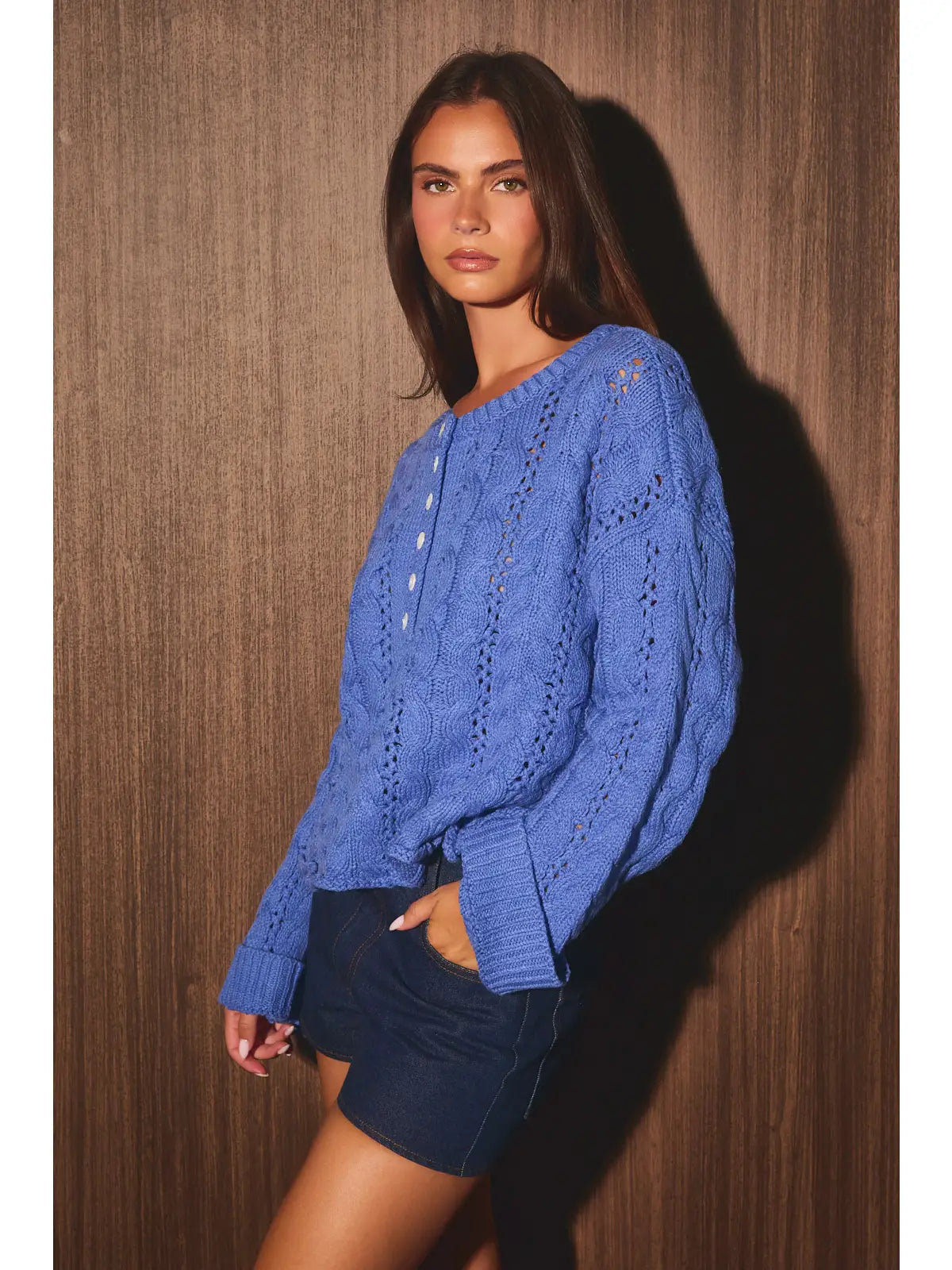 Cable Knit Pointelle Henley Oversized Sweater