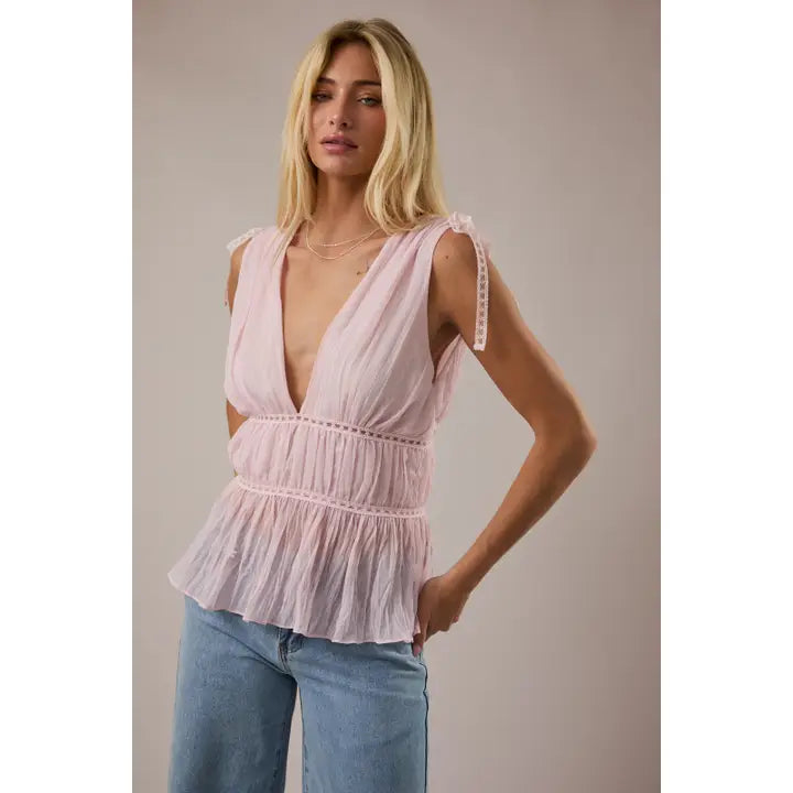 Lace Trim Detail V-Neck Sleeveless Top