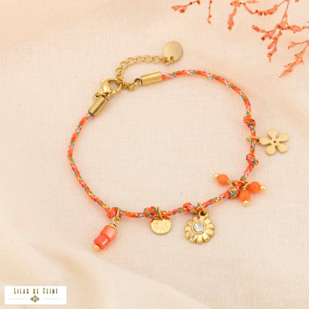 Colourful woven cord bracelet with flower tassels in steel 0224071: Turquoise blue