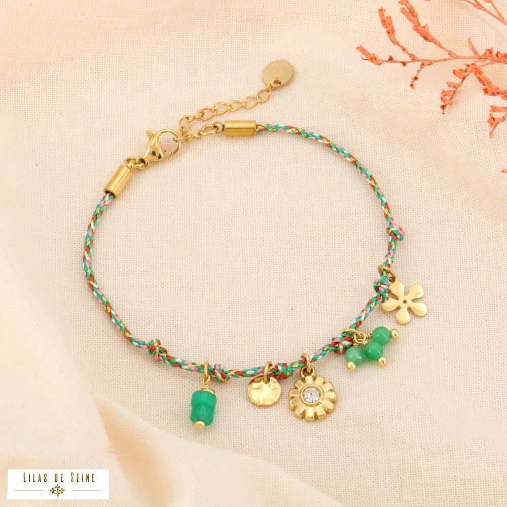 Colourful woven cord bracelet with flower tassels in steel 0224071: Turquoise blue