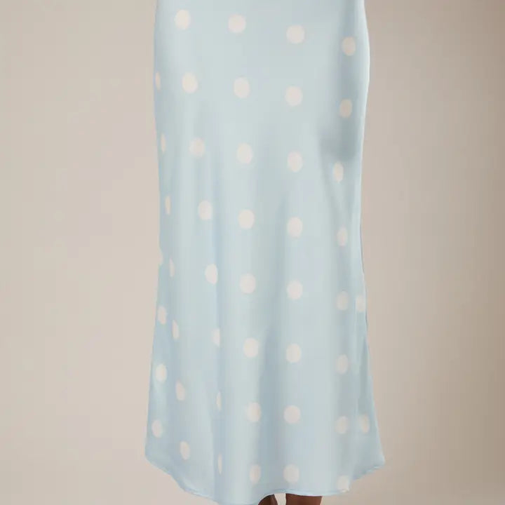 Satin Midi Skirt with Elastic Waist in Polka Dot
