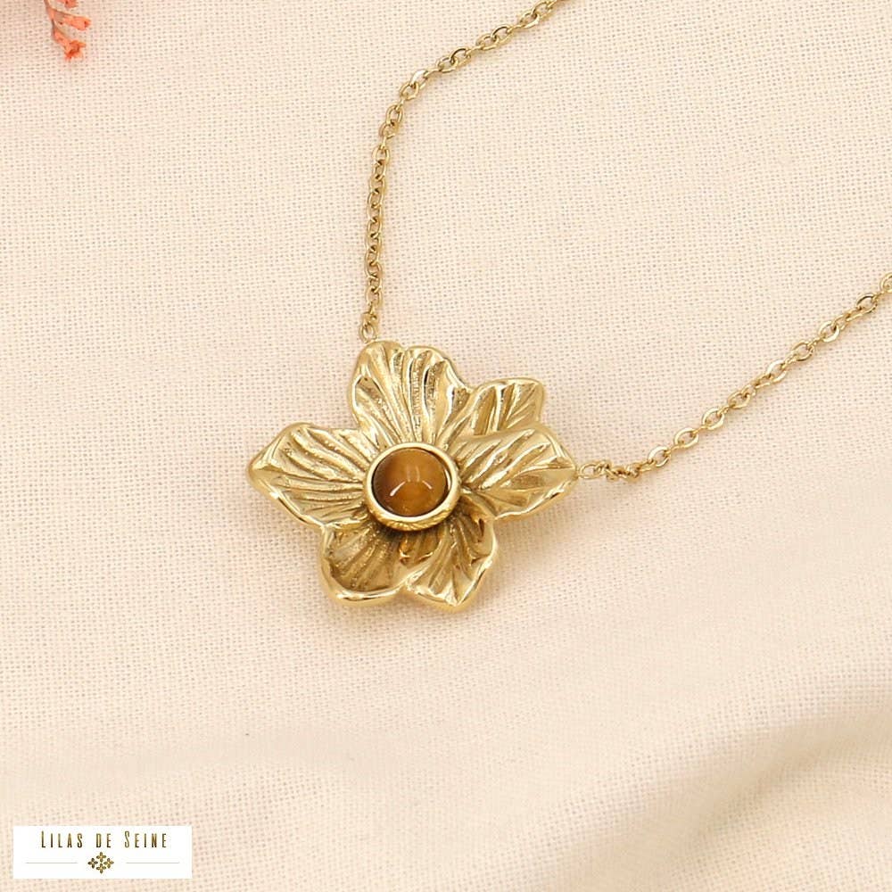Lotus flower cabochon stone pendant necklace 0123600: Fuchsia