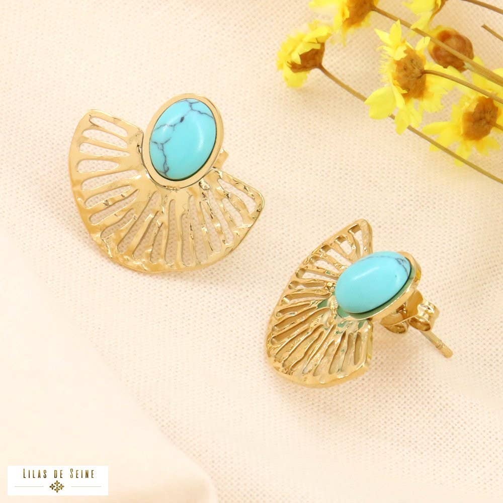 Genuine stone steel fan earrings 0323188: Silvery