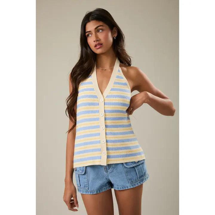 Stripe Knit Sweater Halter Neck Top