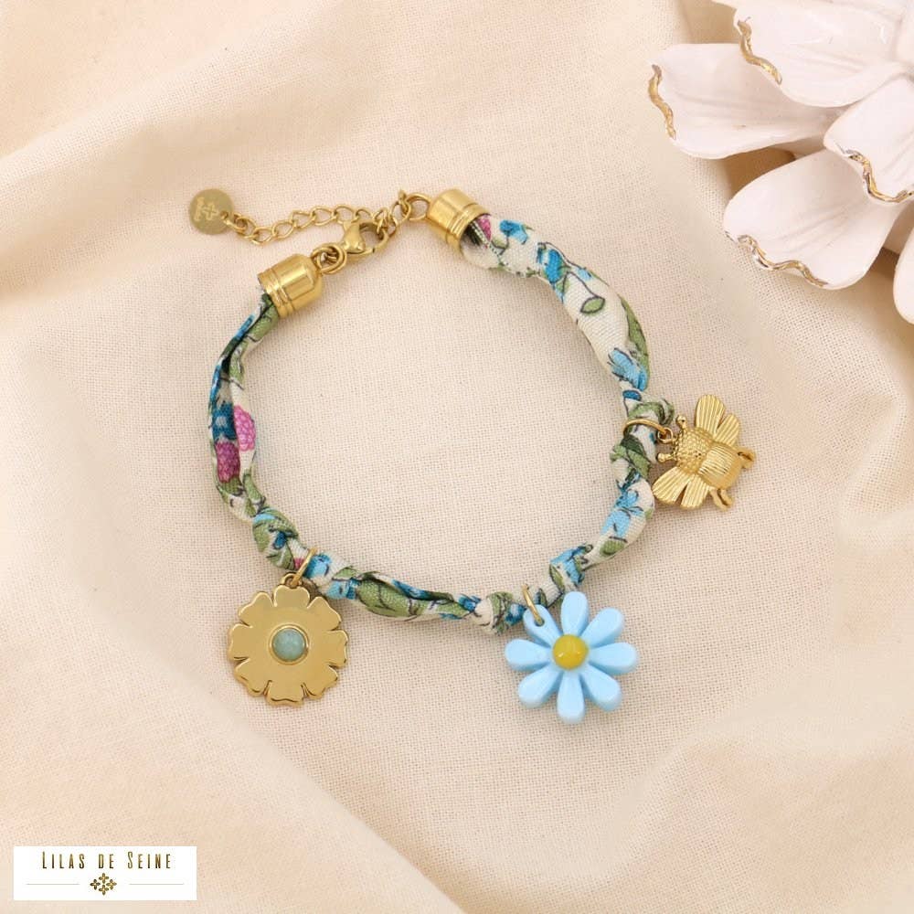 Floral fabric steel bracelet with charms knotted 0225054: Pink