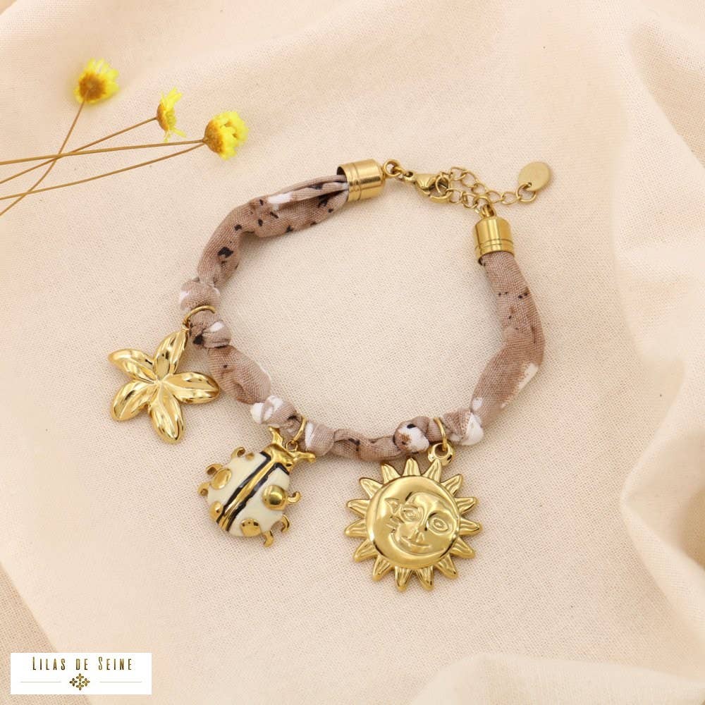 Bohemian floral fabric steel bracelet with charms knotted 0225038: Pink